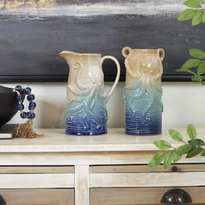 Blue Dimensional Ribbed Ombre Ceramic Octopus Decorative Vase (Set of 2)