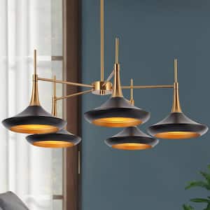 Contemporary Black Mid Century Chandelier with Metal Barn Shades Plating Brass/Gold Accent 5-Light Modern Large Pendant