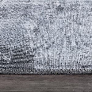 Contemporary Distressed Abstract Machine Washable 2 ft. 6 in. x 10 ft. Dark Gray Runner Rug