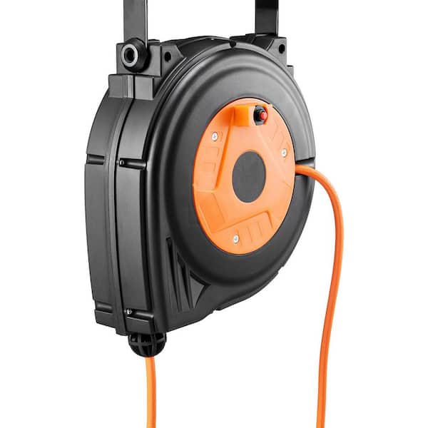 30 ft. 16 / 3 10 Amp Retractable Extension Cord Reel SJTOW Power Cord with Lighted Tri-Tap end Outlet Circuit Breaker