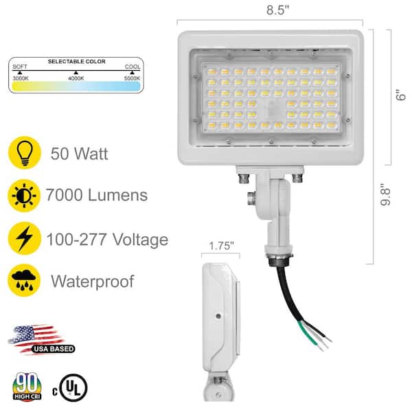 50-Watt 2250 Lumens White Outdoor Integrated LED Flood Light 1/2 in. Adjustable Knuckle Mount Security Light 3CCT (2-PK)