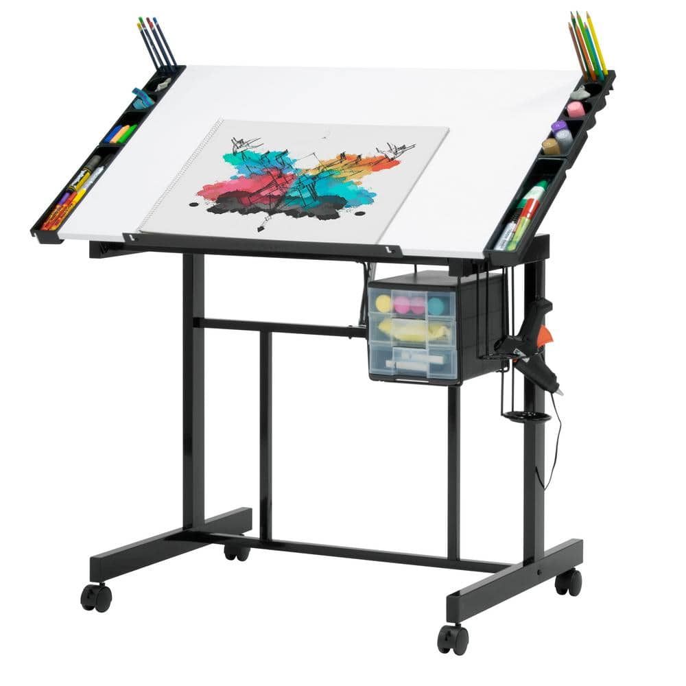 Adjustable Black and White Craft Station with Drawers