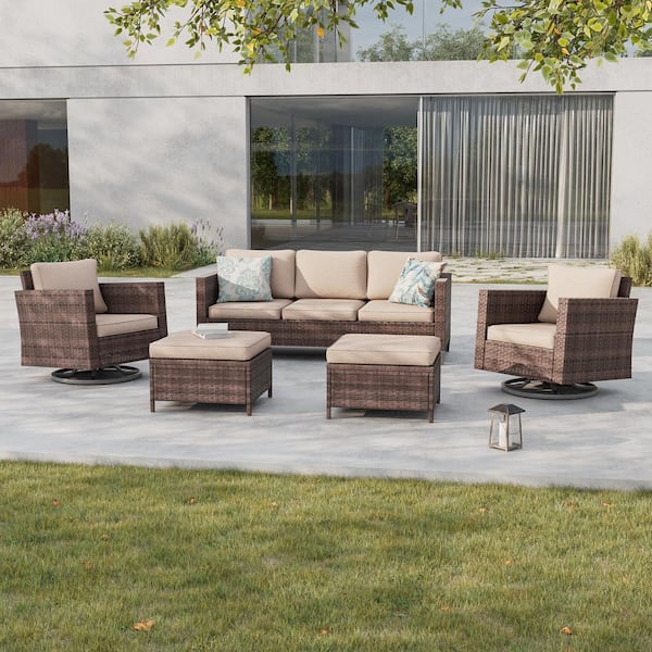 Sonkuki 5-Piece Patio Conversation Set Brown Wicker with Swivel Rocking Chair and Sand Thickening Cushions
