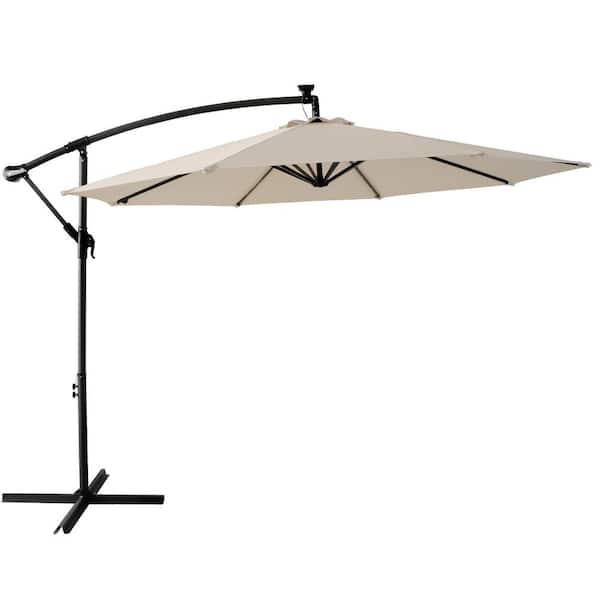 Unbranded 10 ft. Steel Offset Lighted Hanging Cantilever Solar Patio Umbrella with Cross Base in Beige