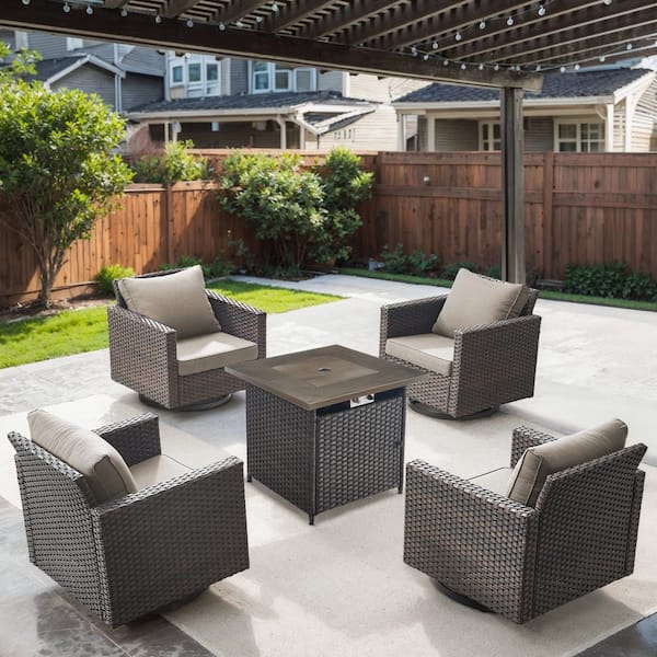 U-Weave 5-Piece Brown Wicker Outdoor Square Fire Pit Conversation Set with Gray Cushions and Swivel Rocking Chairs
