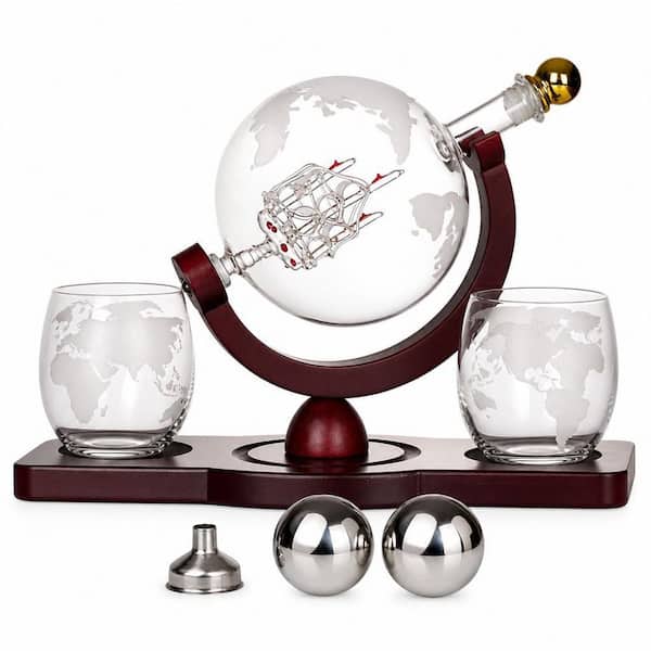 Whiskey Decanter Globe Set with 2 Ball Stones and 2 Glasses,Anniversary Birthday Gifts for Him Husband Boyfriend Brother