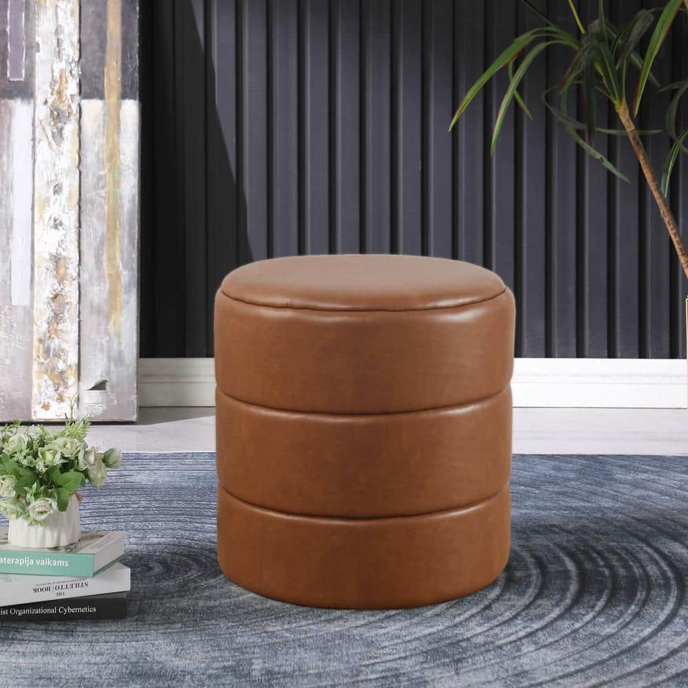 Carmel Brown Faux Leather Round Storage Ottoman