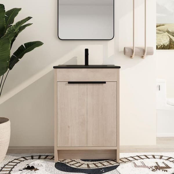 ARTCHIRLY 24 in. W x 18.3 in. D x 34.3 in. H Free-Standing Bath Vanity in Light Brown with Black Ceramic Vanity Top