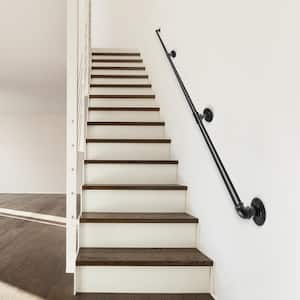 9 ft. Pipe Stair Handrail 440 lbs. Load Capacity Wall Mounted Handrail Round Corner Handrails for Outdoor Steps in Black
