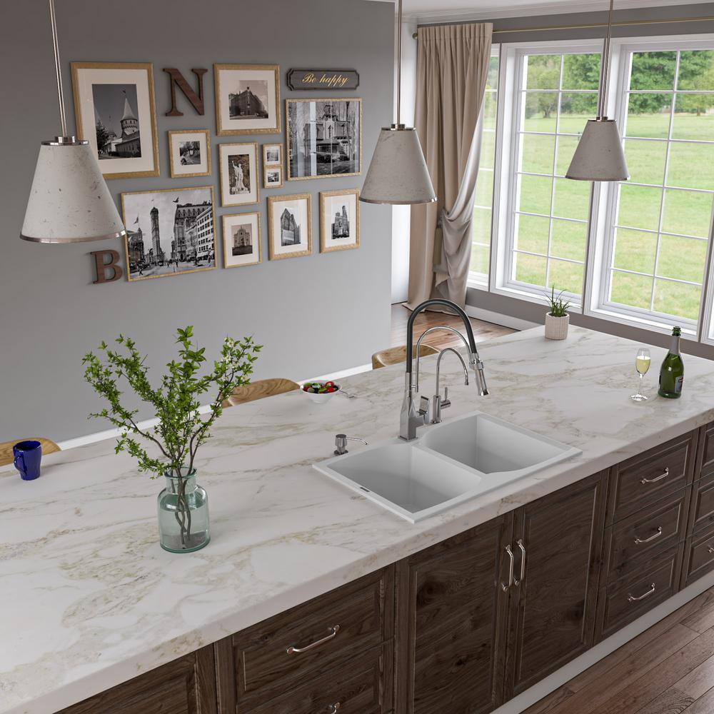 31.13'' White Granite Double Bowl Drop-In Kitchen Sink