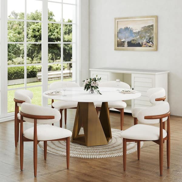 Magic Home 59 in. White Round Sintered Stone Tabletop Bronze Pedestal Base Kitchen Dining Table (Seats-8)