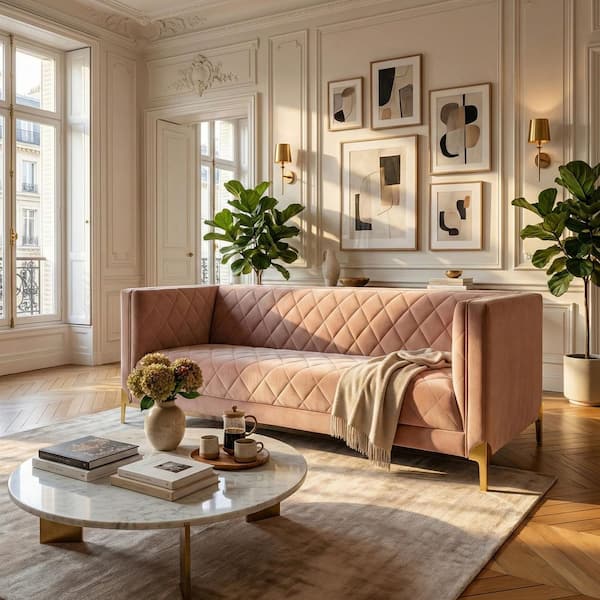 Luanna 86 in. Square Arm Fabric Rectangle Sofa in Pale Mauve