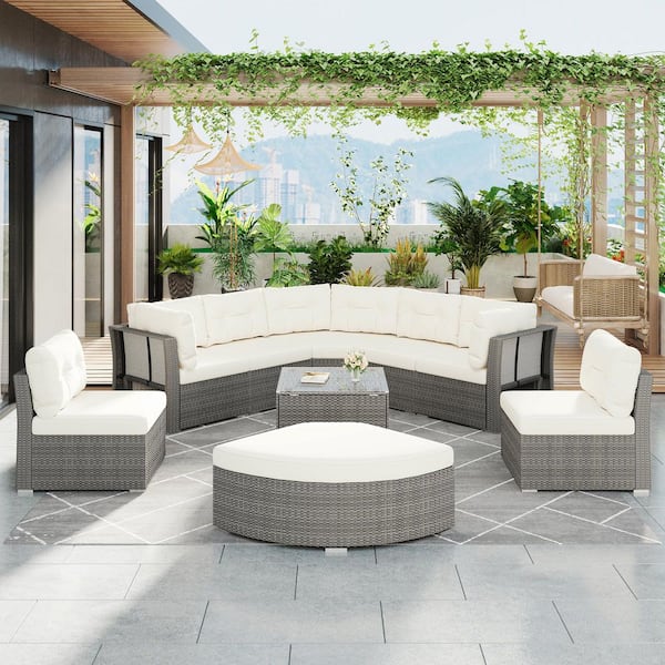 Wicker Outdoor Furniture Set, Sectional Furniture Set with Cushions and Center Table for pool, Backyard, Beige