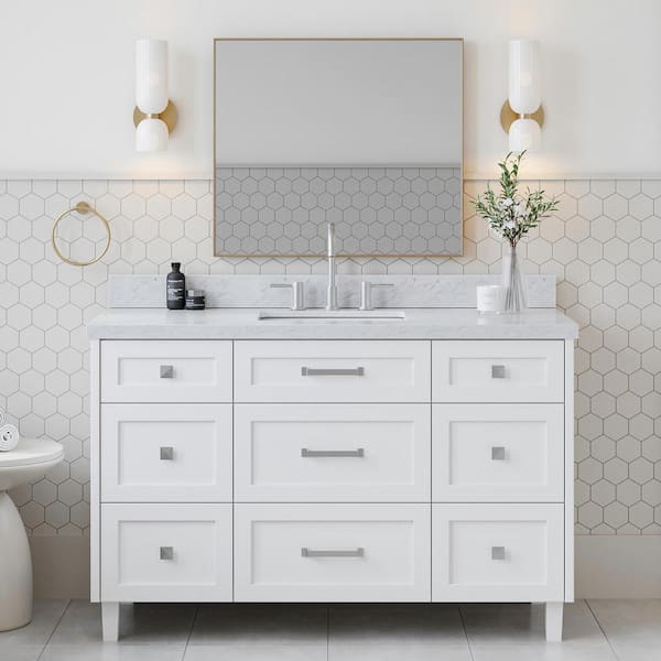 ARIEL Monroe 55 in. W x 22 in. D x 36 in. H Single Sink Bath Vanity in White with Italian Carrara Marble Top