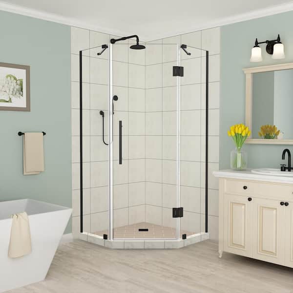 Aston Merrick 42 in. to 42.5 in. x 72 in. Frameless Hinged Neo-Angle Shower Door in Matte Black