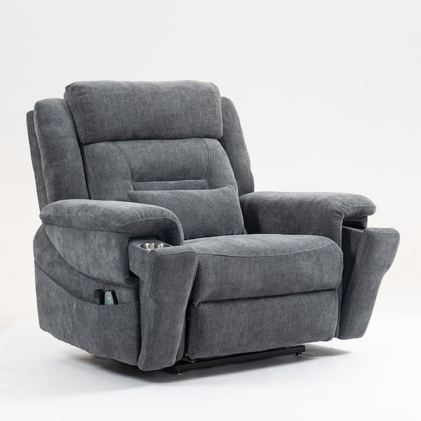 Flagship Dual Motor 28 in. W Oversized Gray Chenille Power Lift Recliner Chair w/Hidden Cup Holder & Wireless Charging