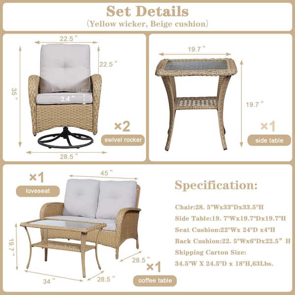 5-Pieces Flat armrest series Wicker Patio Conversation Deep Seating Set with Swivel Rocking Chairs and Cushions