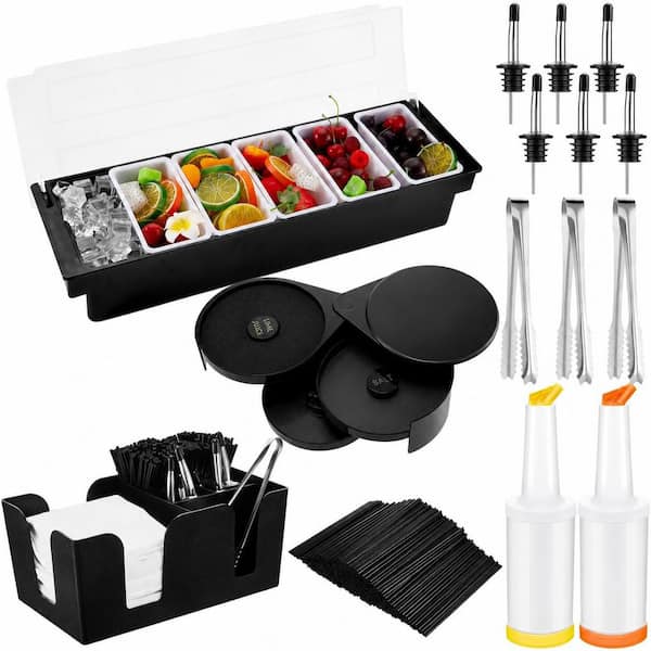6-Compartment Plastic Bar Caddy Set with 3-Tier Glass Rimmer, Pourers, Juice Bottles and Tongs