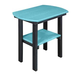 Poly Series Oval Resin Black Outdoor Side Table with Blue Shelves