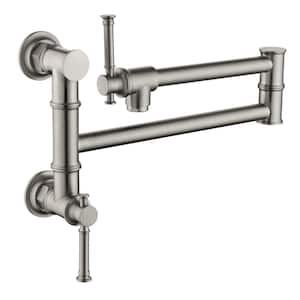 Modern Brass Wall Mount Pot Filler Faucet with Swing Arm in Brushed Nickel
