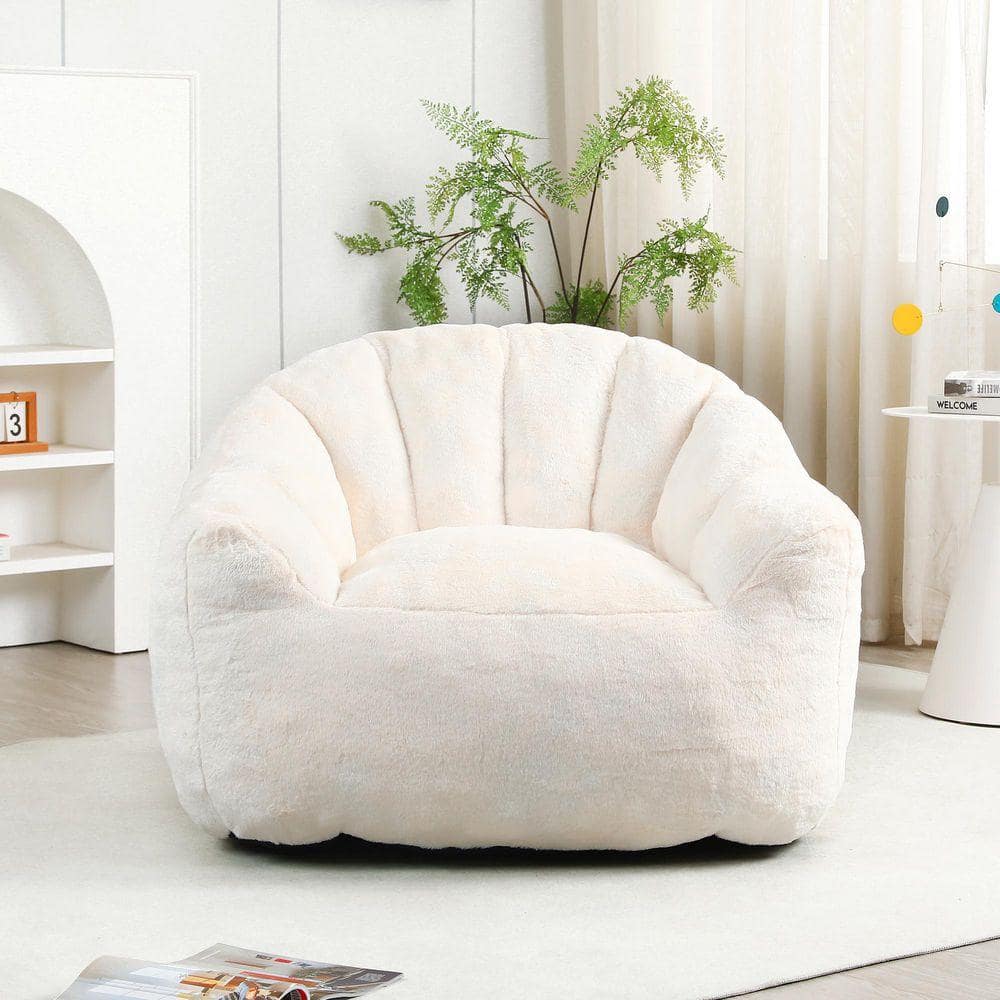 White Faux Fur Bean Bag Chair, Lazy Sofa Chair with Stuffed High-Density Foam for Living Room, Bedroom, Reading Room
