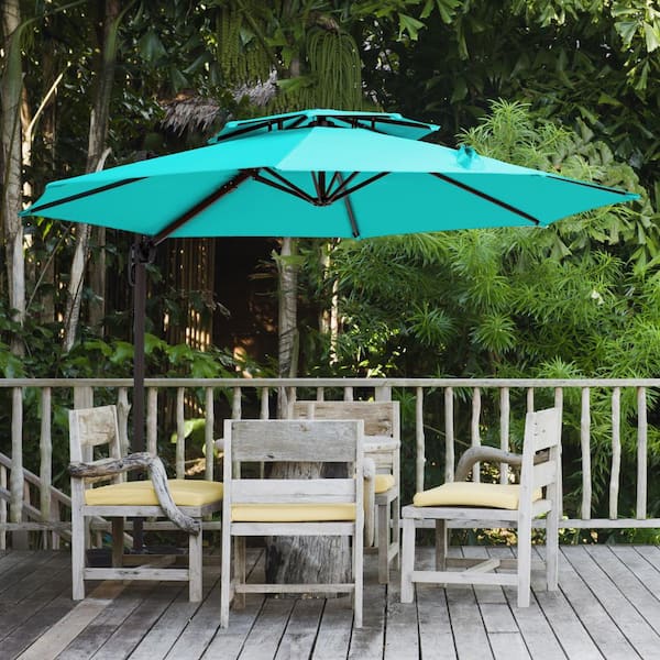 JEAREY 10 ft. Round Cantilever Tilt Patio Umbrella With Crank in Peacook Blue