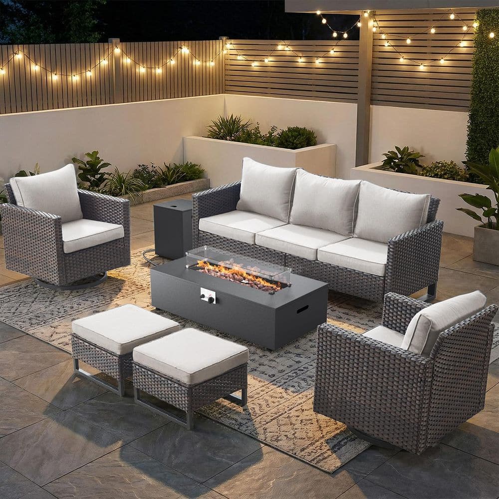 U-Frame 7-Piece Brown Wicker Fire Pit Conversation Set with Olefin Beige Cushions and Couch/ Patio Swivel Chairs price history on PriceWatchPro