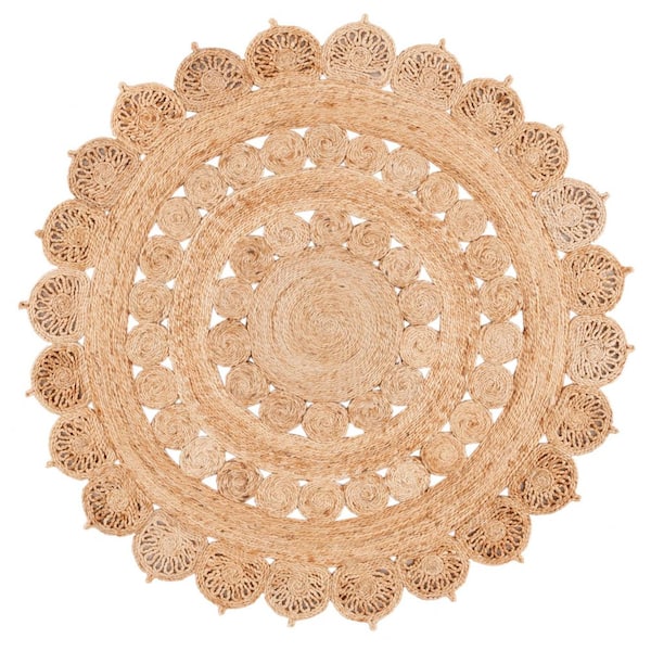 Natural Fiber 4 ft. x 4 ft. Round Natural Ornate Woven Area Rug