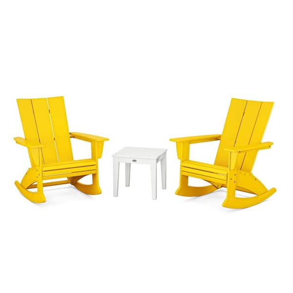 POLYWOOD Modern Curveback Adirondack Rocking Chair Lemon/White 3-Piece HDPE Plastic Patio Conversation Set