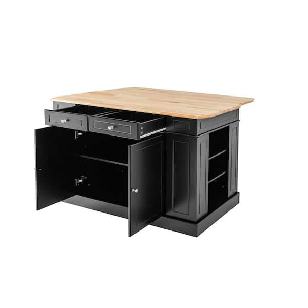 Black Wood 47 in. Large Kitchen Island Drop Leaf Breakfast Bar w/Wood Top Shelves Drawers