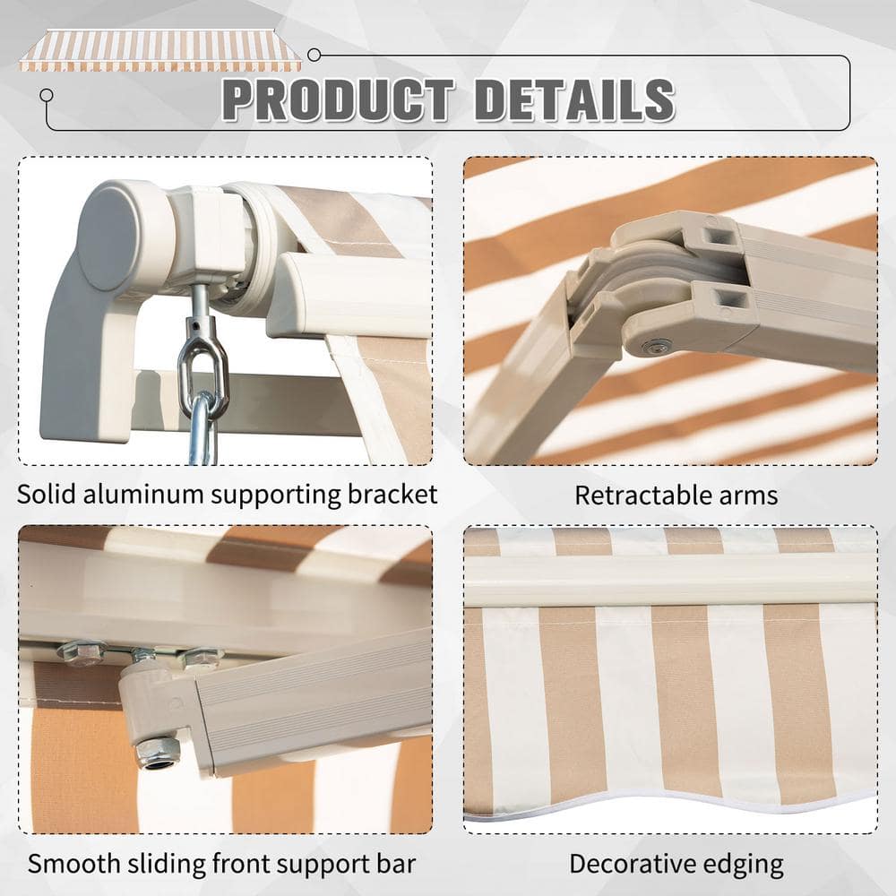 Beige Striped Aluminum Manual Retractable Patio Awning