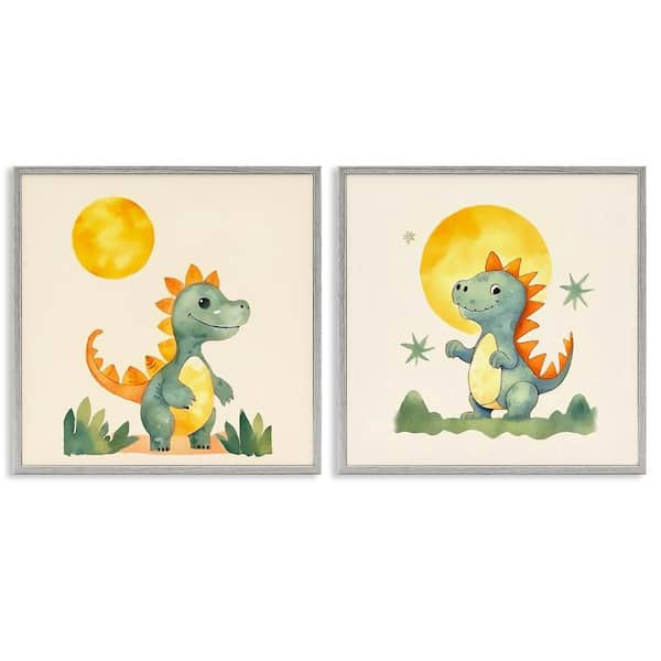 Stupell Industries Happy Dinos & Moon by Andrea Haase 2-Pieces Gray Framed Animal Giclee Art Print 12 in. x 12 in.