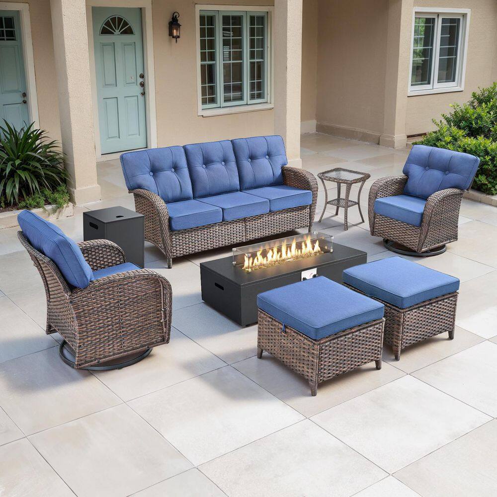 TWrap Brown 7-Piece Wicker Outdoor Patio Fire Pit Conversation Set with Navy Blue Cushions and Swivel Gliders price history on PriceWatchPro