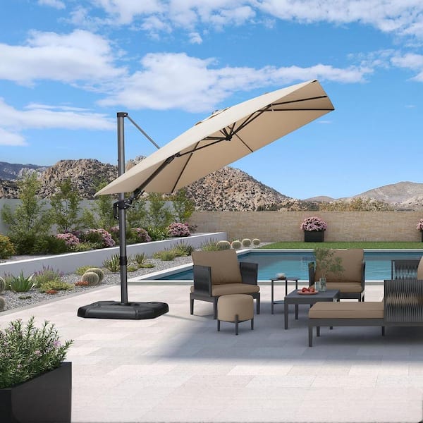 PURPLE LEAF 9 ft. x 12 ft. Cantilever Patio Umbrella Swivel Aluminum Offset 360° Rotation Umbrella with Base, Beige