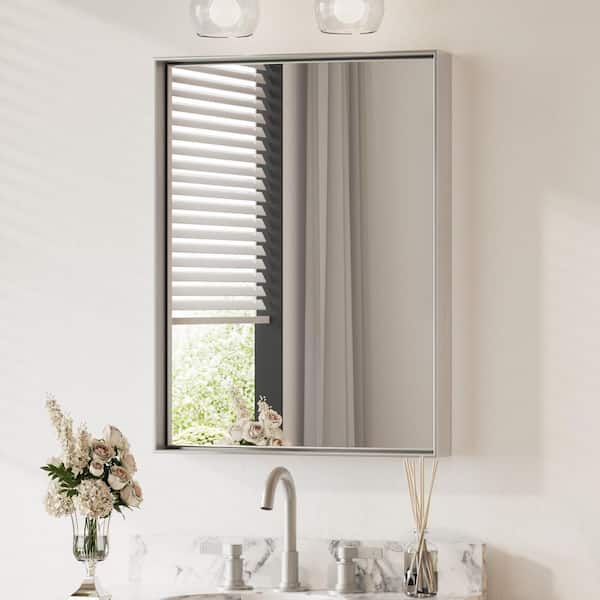 KeonJinn 24 in. W x 32 in. H Rectangular Aluminum Square Corner Framed Wall Mount Bathroom Vanity Mirror in Brushed Silver
