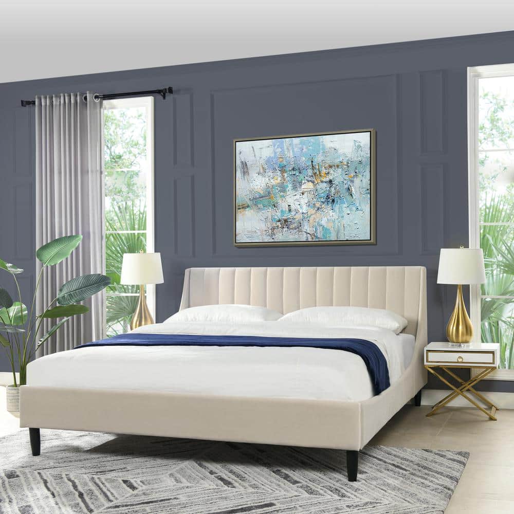 Aspen French Beige Velvet Upholstered King Platform Bed with Tufted Headboard