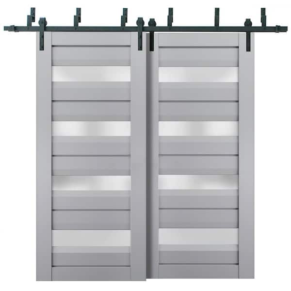 Sartodoors 48 in. x 80 in. 2 Panel Frosted Glass Matte Grey Solid Wood Sliding Barn Door with Hardware Kit