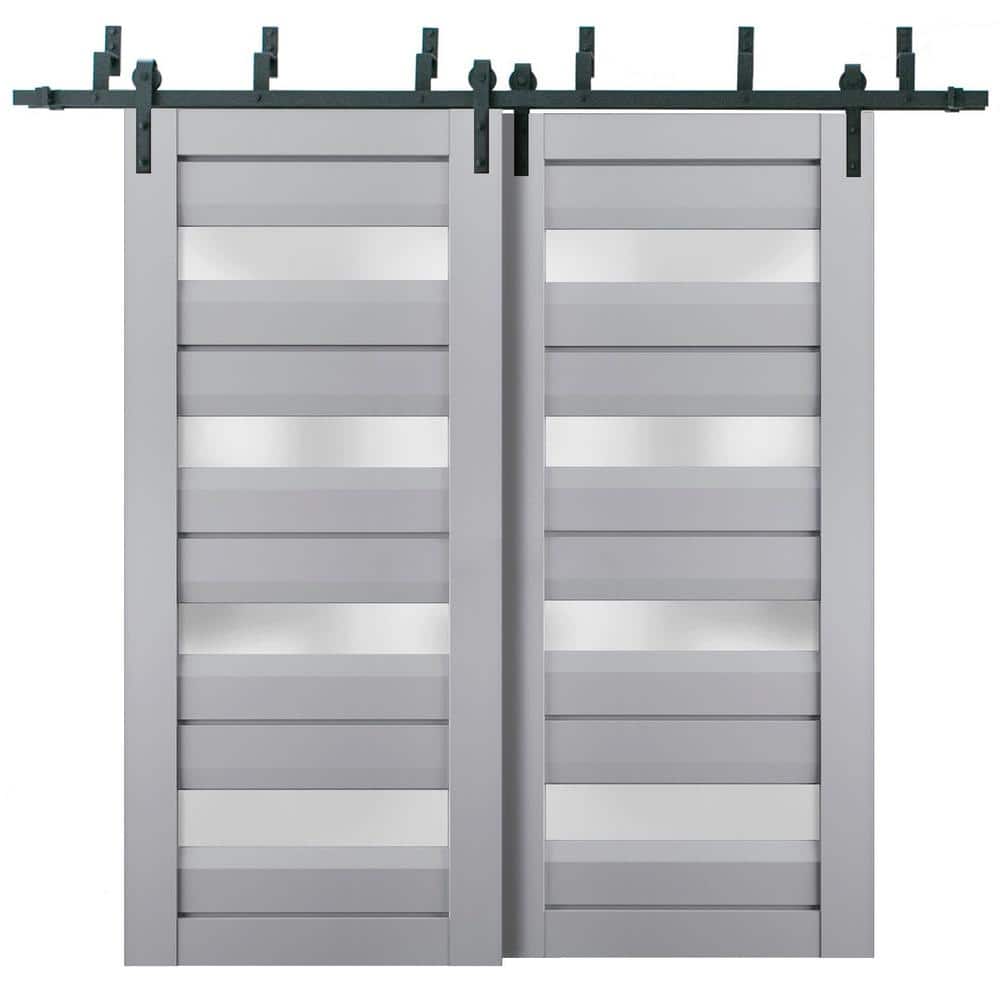 60 in. x 80 in. 2 Panel Frosted Glass Matte Grey Solid Wood Sliding Barn Door with Hardware Kit price history on PriceWatchPro