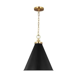 Wellfleet 15.625 in. W x 19 in. H 1-Light Midnight Black/Burnished Brass Medium Cone Pendant Light with Steel Shade