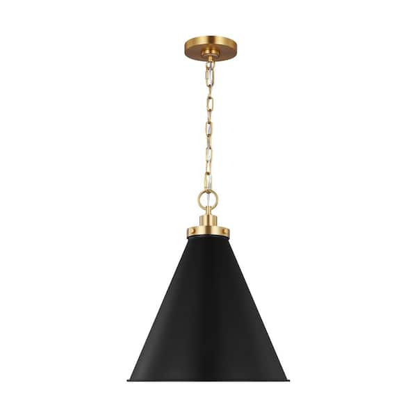 Generation Lighting Wellfleet 15.625 in. W x 19 in. H 1-Light Midnight Black/Burnished Brass Medium Cone Pendant Light with Steel Shade