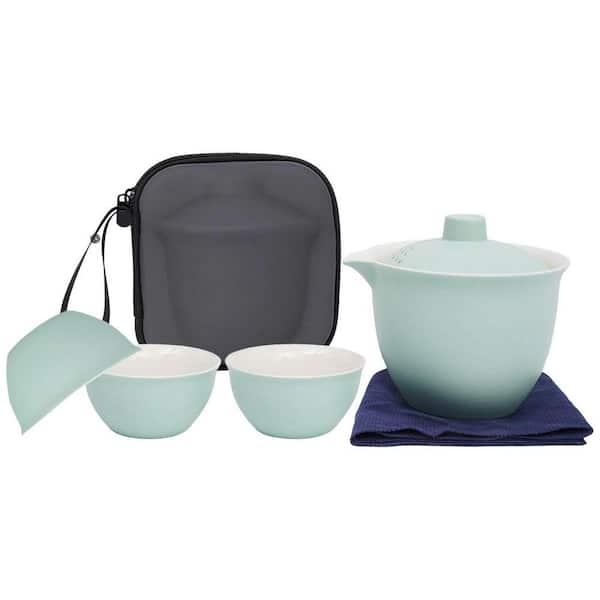 Porcelain Chinese Gongfu Tea Set Ceramic Gaiwan Teapot with 3-Cups and Lid Portable Travel Bag Blue Set