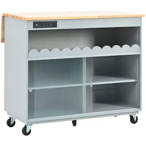 Kitchen Island with Drop Leaf LED Light Kitchen Cart on Wheels with Power Outlets 2-Sliding Fluted Glass Doors Gray Blue