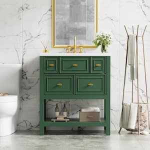 30 in. W Single Sink Freestanding Bath Vanity in Green with White Resin Top and 5 Drawers