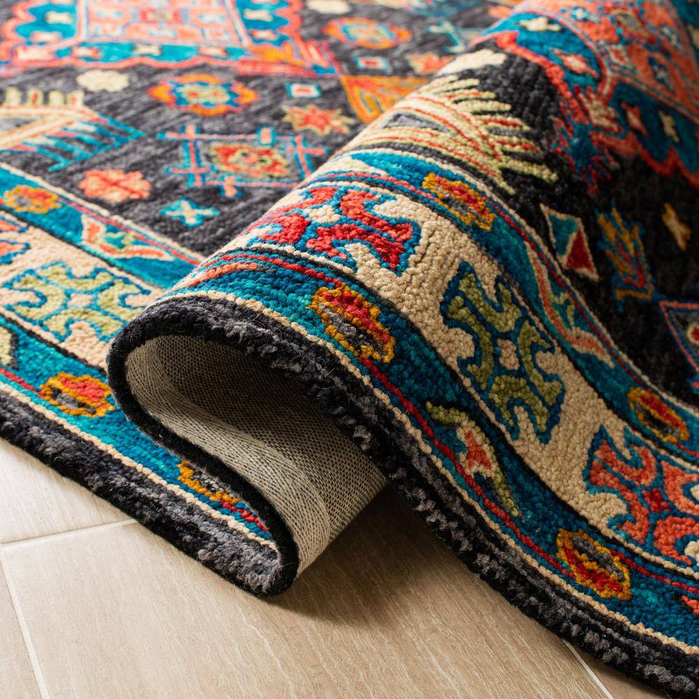 Aspen Charcoal and Blue Handmade Wool Floral Area Rug