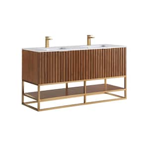 Terra 60 in. W x 22 in. D x 34 in. H Bath Vanity in Walnut and Brass with Granite Vanity Top in White with White Basin