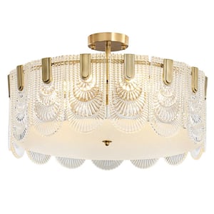 24 in. 8-Light Modern Crystal Chandelier, Brass Drum Semi Flush Mount Ceiling Light with Glass Shade, Bulbs Included