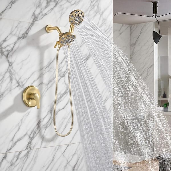 Vara 6-Spray Wall Mount 4.72 in. Round Dual Shower Head and Handheld Shower Head 2 GPM in Brushed Gold