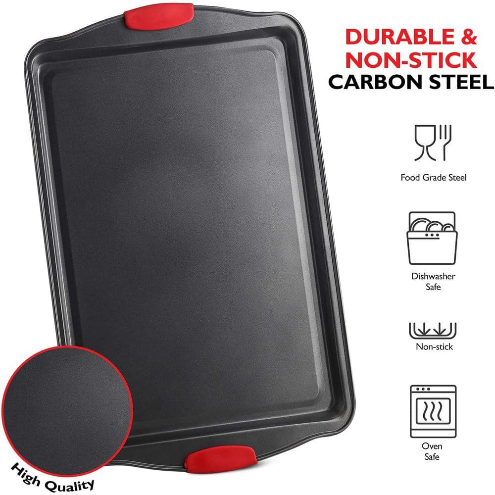 15-Piece Black Carbon Steel Bakeware Set with Red Silicone Handles