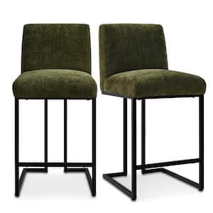 25 in. Green High Back Metal Frame Counter Height Fabric Bar Stool (Set of 2)