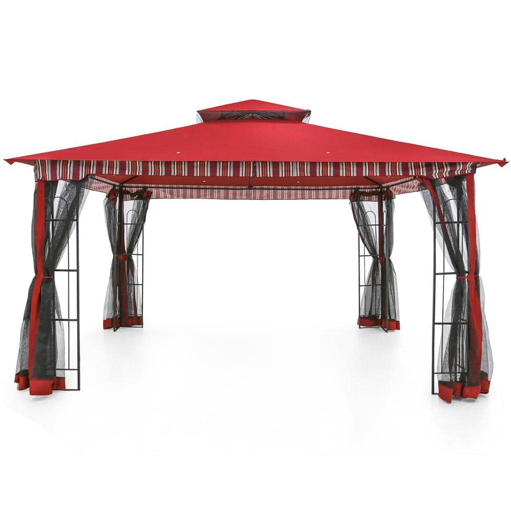 Gardenbee 13 ft. x 11 ft. Red Steel Outdoor Patio Gazebo with Mosquito ...